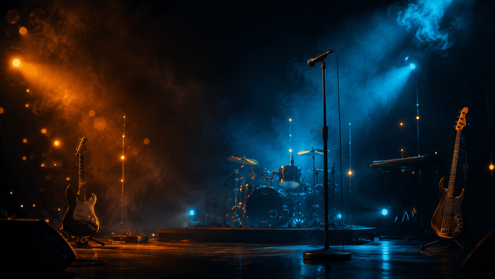 An empty stage — guitars, drums, and amber light, waiting